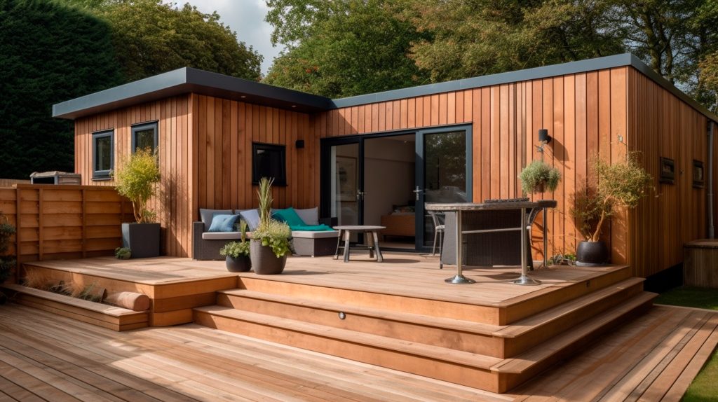 A stylish garden room on a sloped garden featuring multi-level decking and landscaped steps that blend seamlessly with the natural terrain.